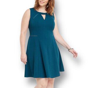 Torrid 16 Teal Sleeveless Skater Dress Keyhole Textured Knit Embroidered Mini